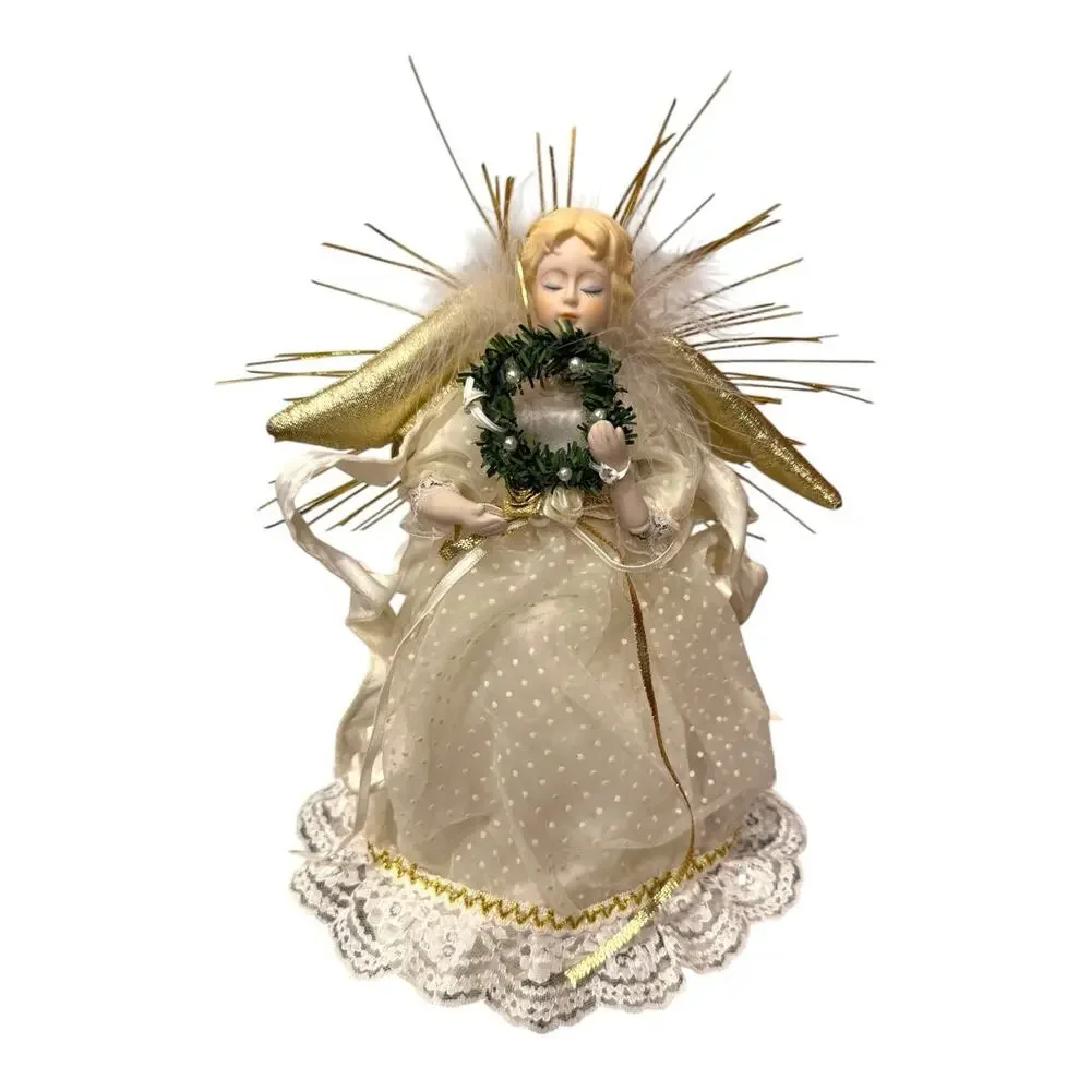Vintage Porcelain Christmas Angel Tree Topper White Gold 9